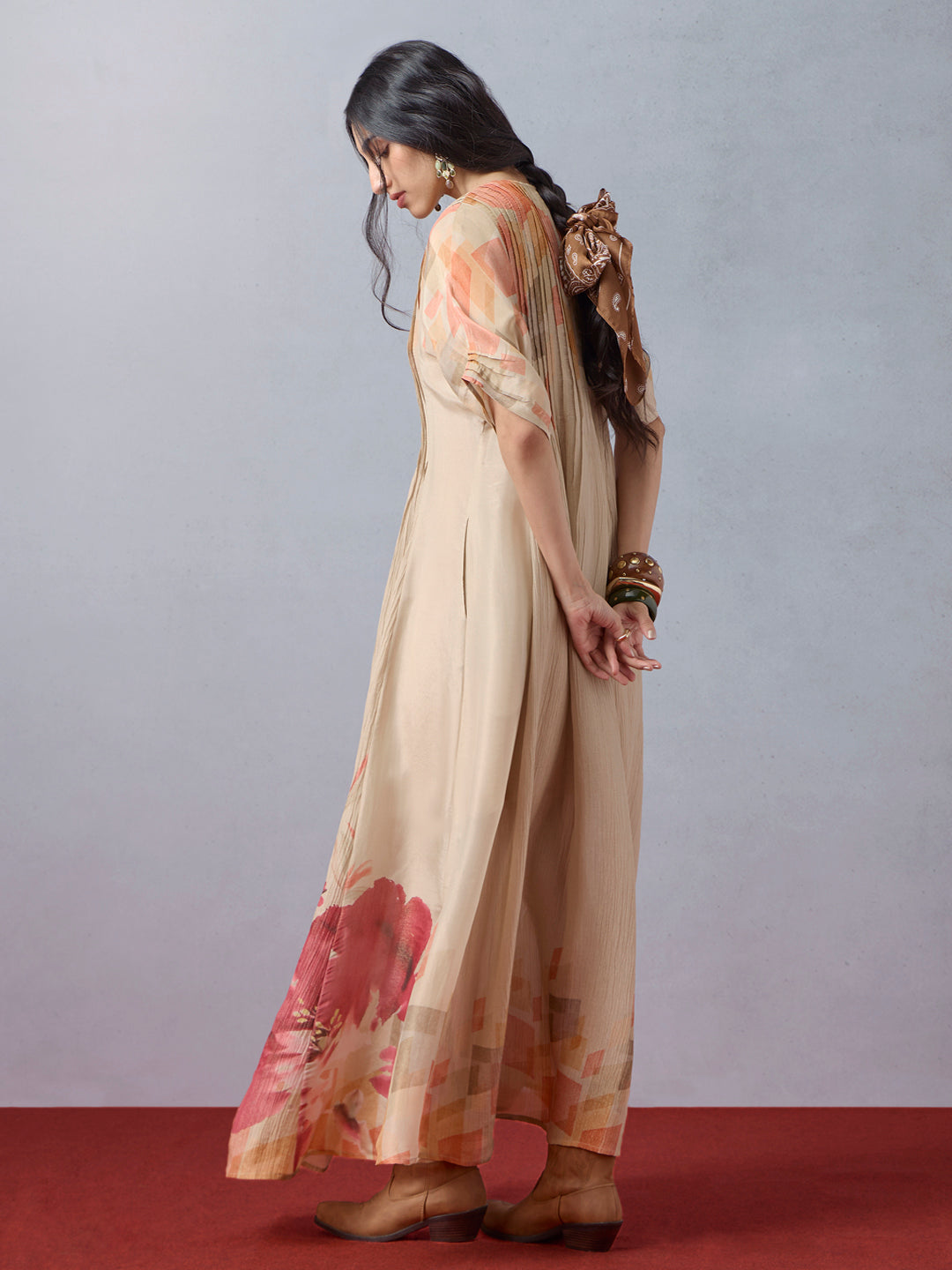 Printed Kaftan with Inner - Beige