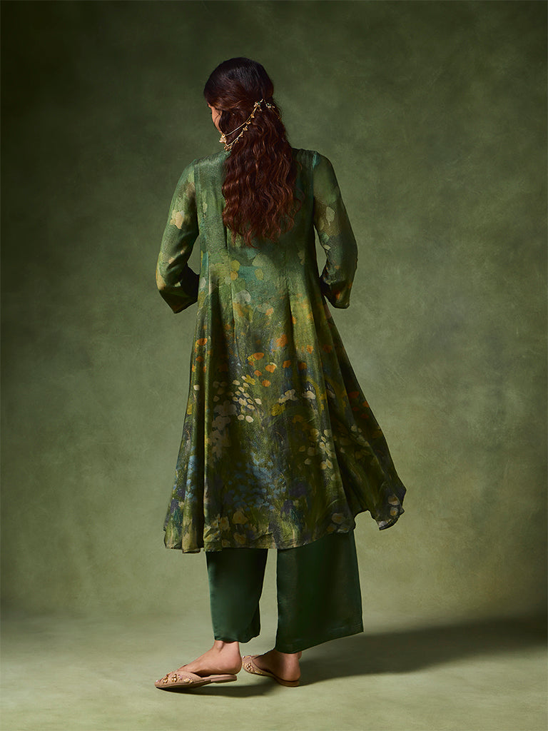 Printed Pintuck A-Line Kurta – Green
