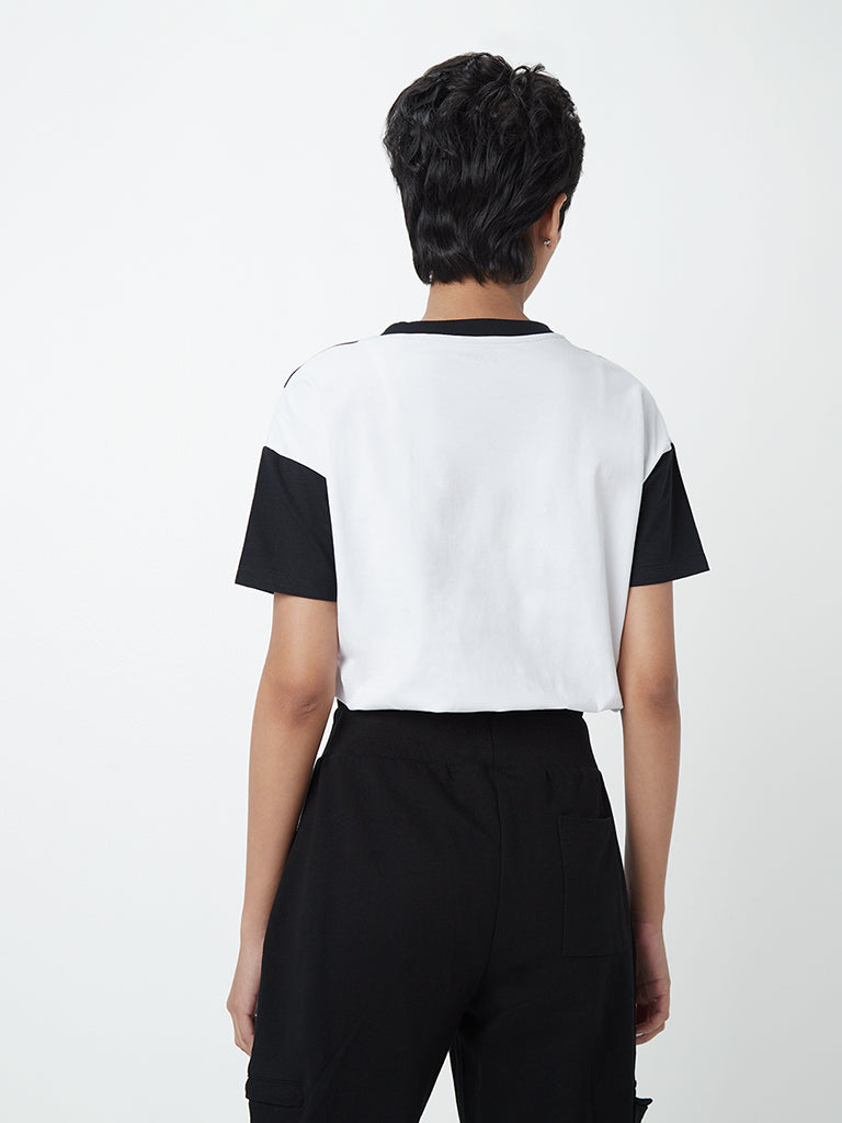 Westside Studiofit Women's Black and White Cotton-Blend T-Shirt for Sports Wear Back View