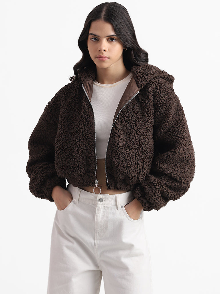 Buy Nuon Dark Brown Fur Crop Hoodie Jacket from Westside