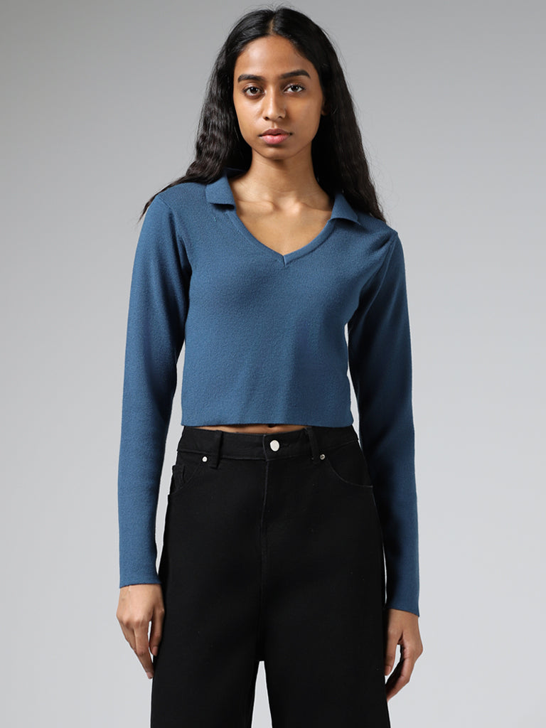 Buy Nuon Navy Blue Collar Neck Crop Sweater from Westside