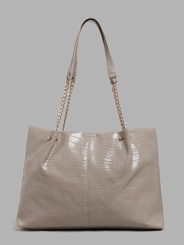 Buy LOV Croco Textured Light Beige Tote Bag from Westside