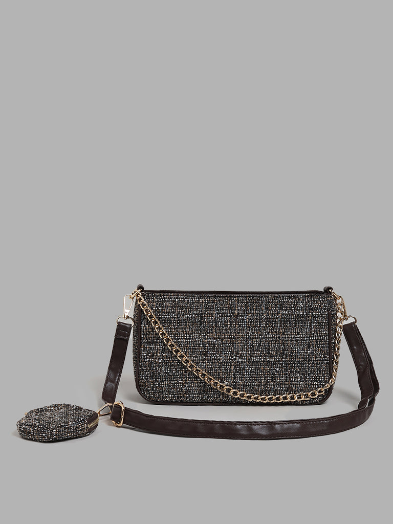 Buy LOV Brown Tweed Shoulder Bag with Pouch from Westside