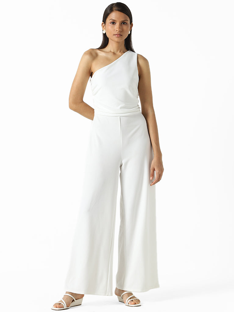 Style Pantry, One Shoulder White Jumpsuit
