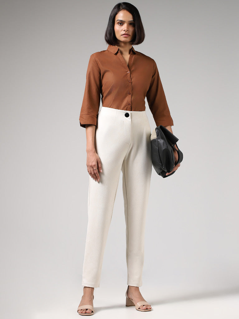 Buy Wardrobe Solid Off White Slit Ponte Trousers from Westside