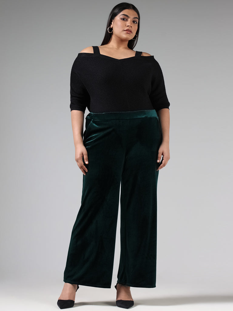 Buy Gia Solid Bottle Green Velvet Wide-Leg Trousers from Westside