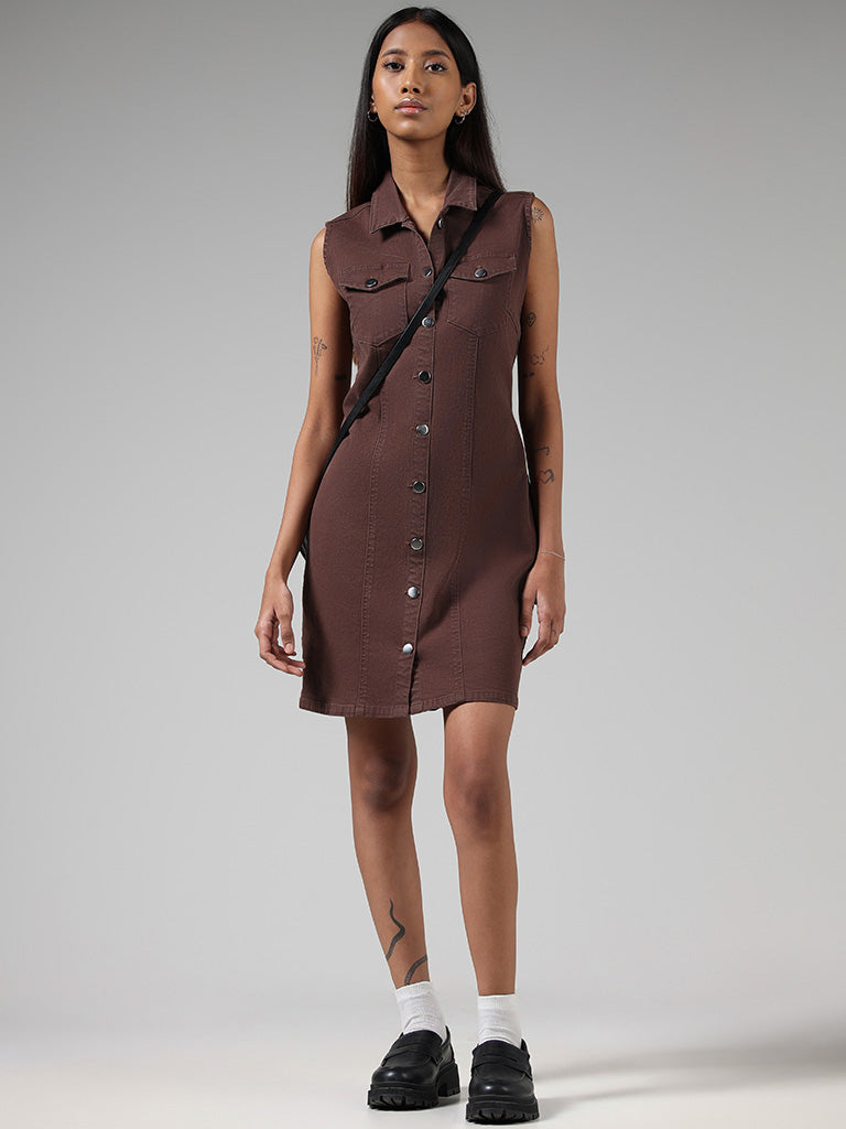 Buy Nuon Solid Brown Denim Dress from Westside