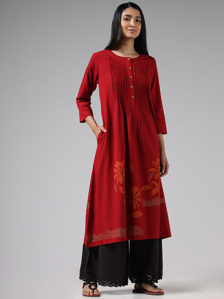 Buy Utsa Red Floral Printed Pintucked Gathered Kurta from Westside