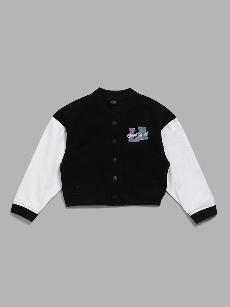 Buy Y F Kids Black Typographic Embroidered Jacket from Westside