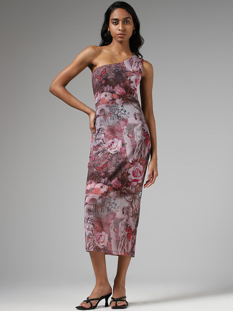 Nuon Pink Abstract Printed One Shoulder Dress