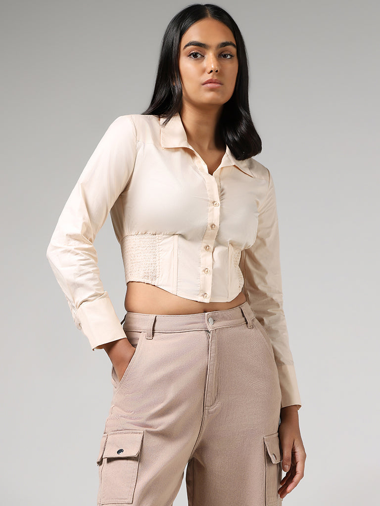 Tall Beige Button Up Front Corset Top, Tall