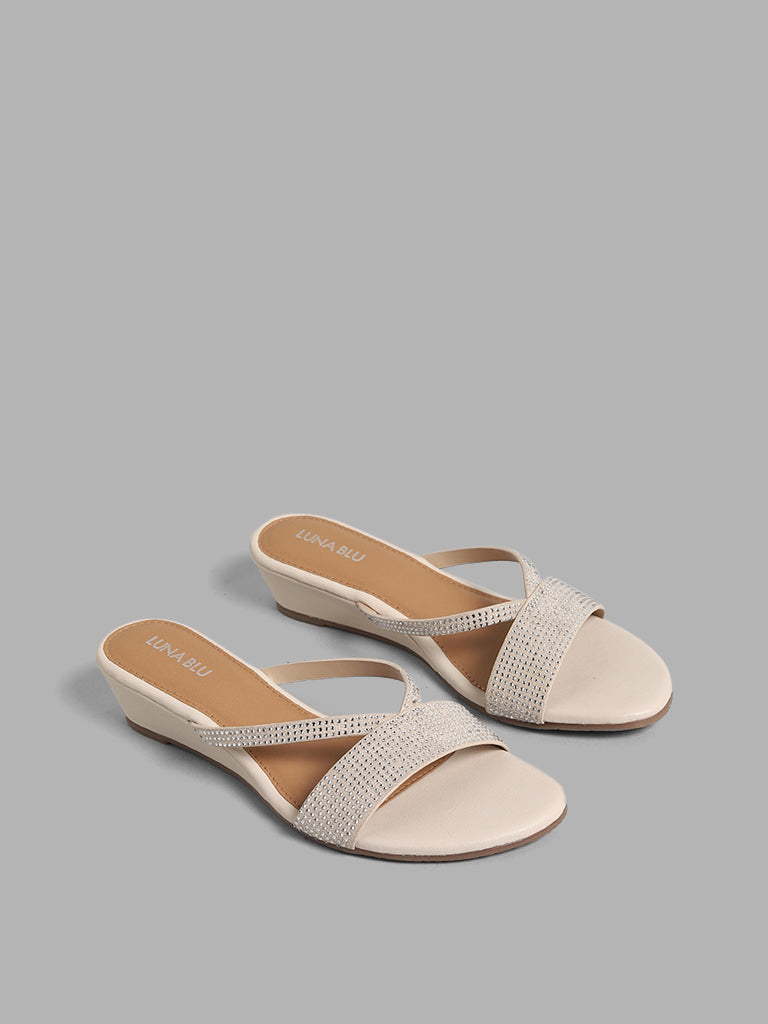 Buy LUNA BLU Cream V Strap Diamante Wedges Sandals from Westside