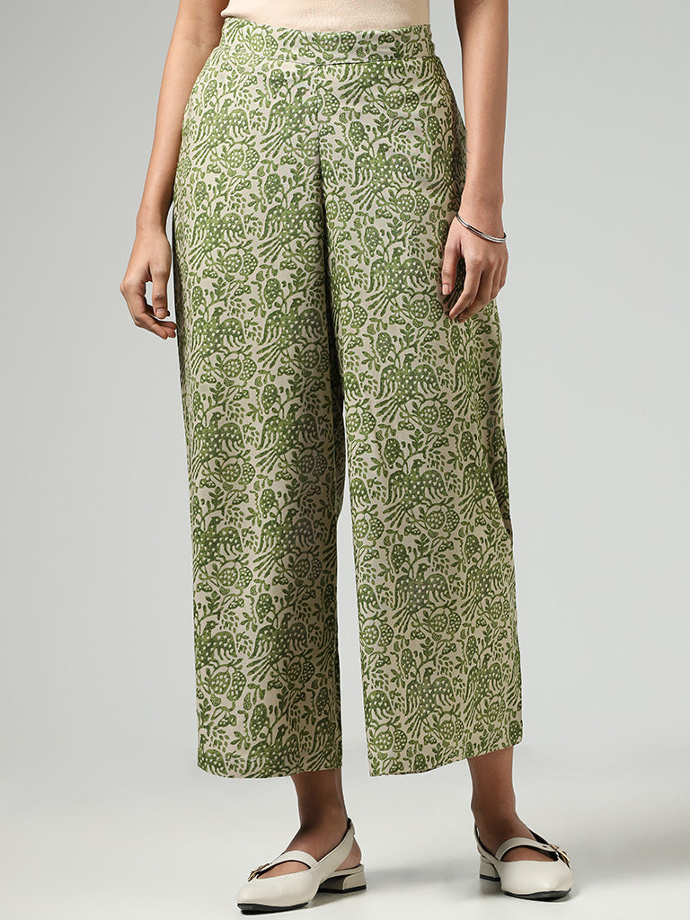 Buy Utsa Olive Nature Printed Palazzos from Westside