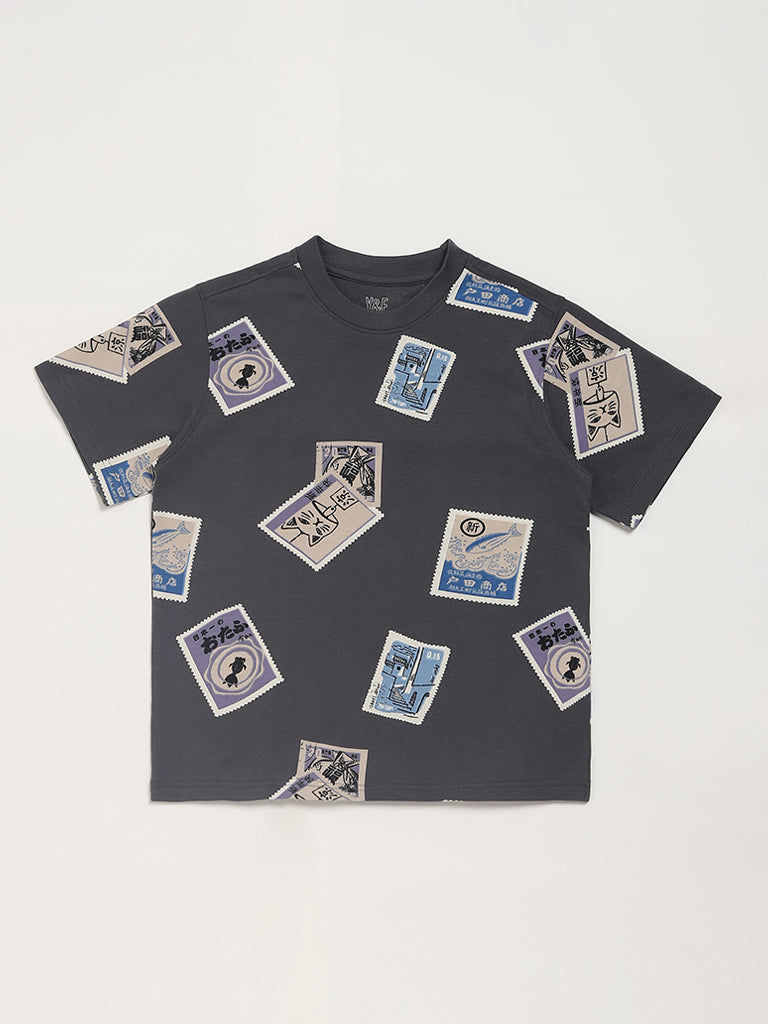 Buy Y&F Kids Grey Stamp Printed T-Shirt from Westside