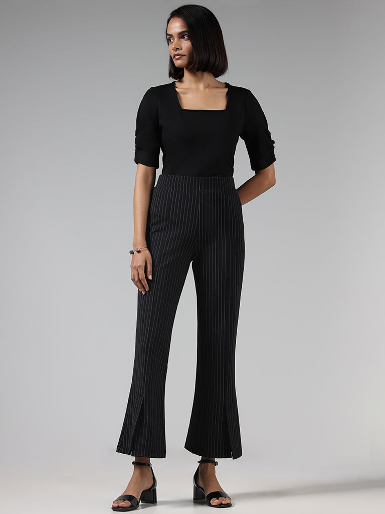 Buy Wardrobe Black Striped Ponte Trousers from Westside