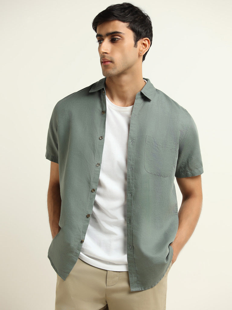 WES Casuals Sage Green Slim Fit Blended Linen Shirt, Green / XL