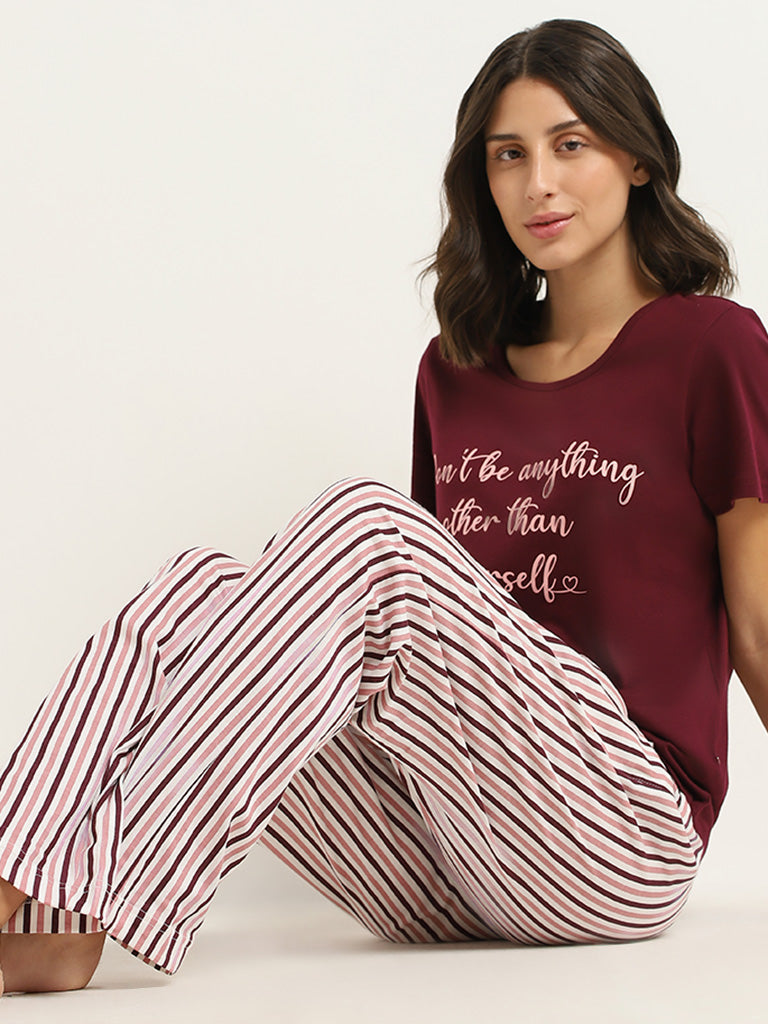 Buy Wunderlove Maroon Striped Pyjamas from Westside
