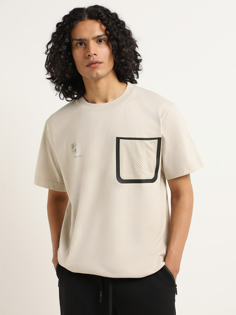 Buy Studiofit Beige Typographic Printed Ribbed T-Shirt from Westside
