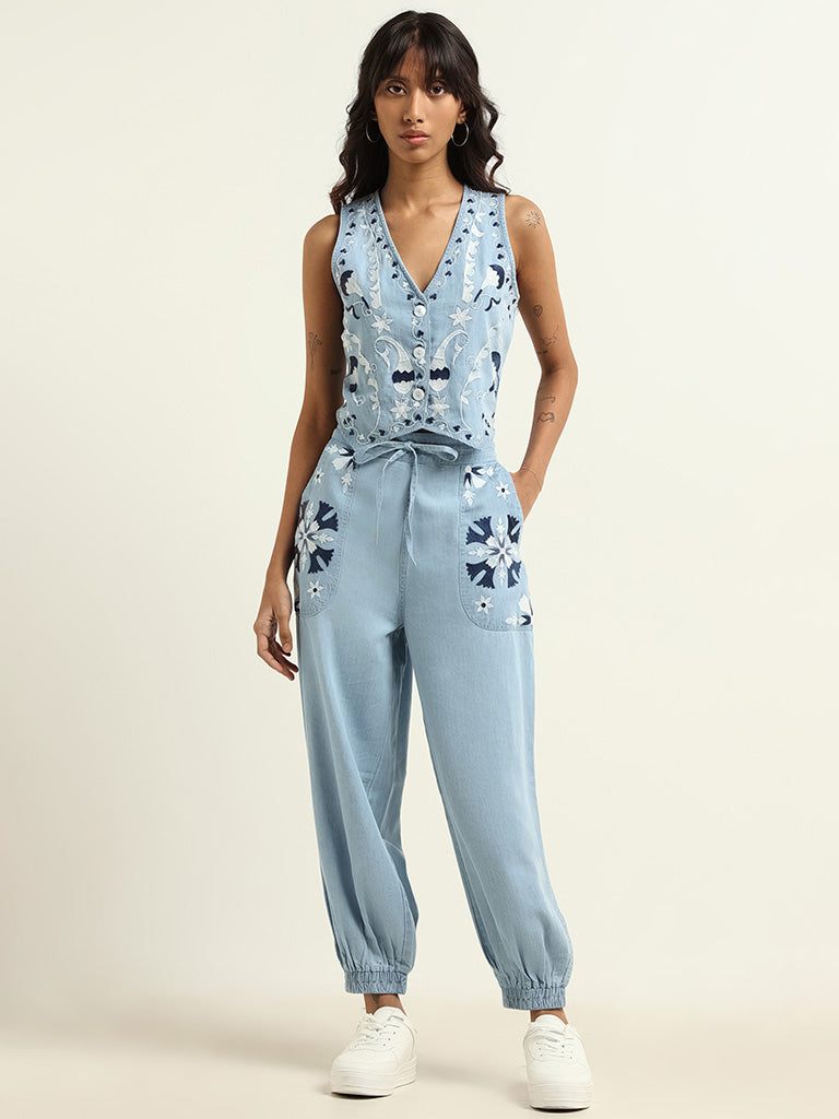 Blue with 'M' Embroidery Wide Leg Jogger