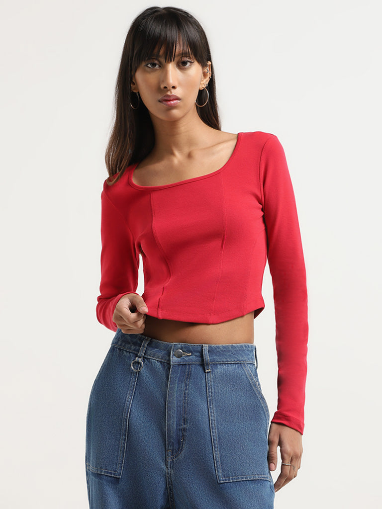 Buy Nuon Red Self-Patterned Crop T-Shirt from Westside