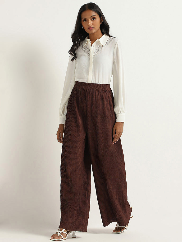 Buy Wardrobe Brown Self-Patterned Palazzos from Westside