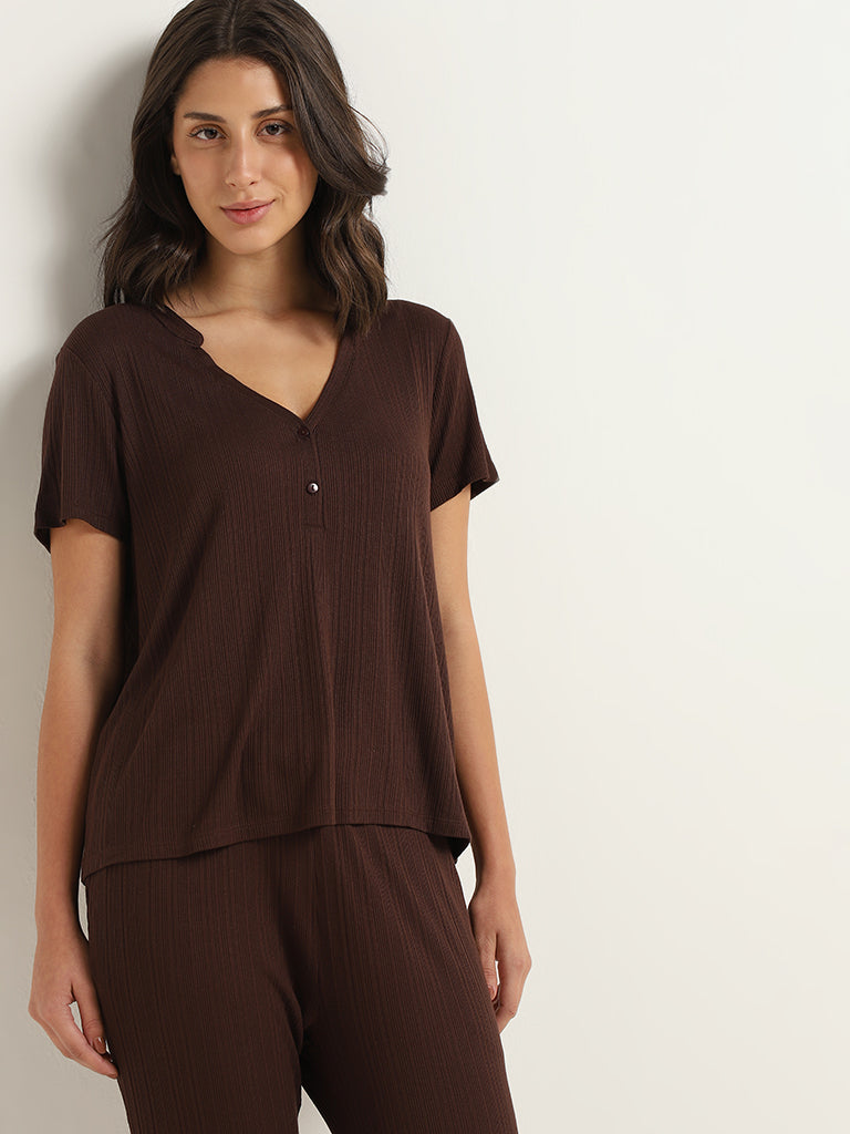 Wunderlove by Westside Coco Brown Crinkled Pyjamas & Sleep Shirt Set