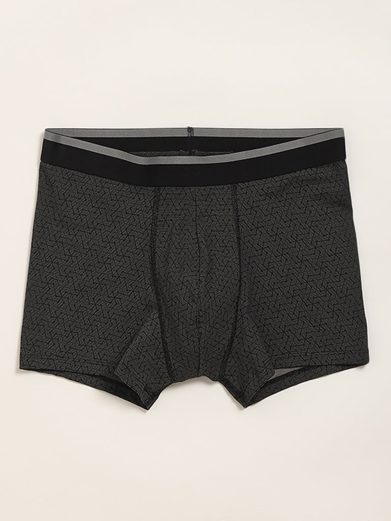 WES Lounge Black Printed Cotton-Blend Relaxed Fit Trunks - Pack of 3