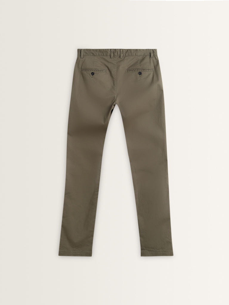 Westside WES Casuals Men's Olive Cotton-Blend Slim Fit Mid Rise Chinos for Casual Wear Flatly