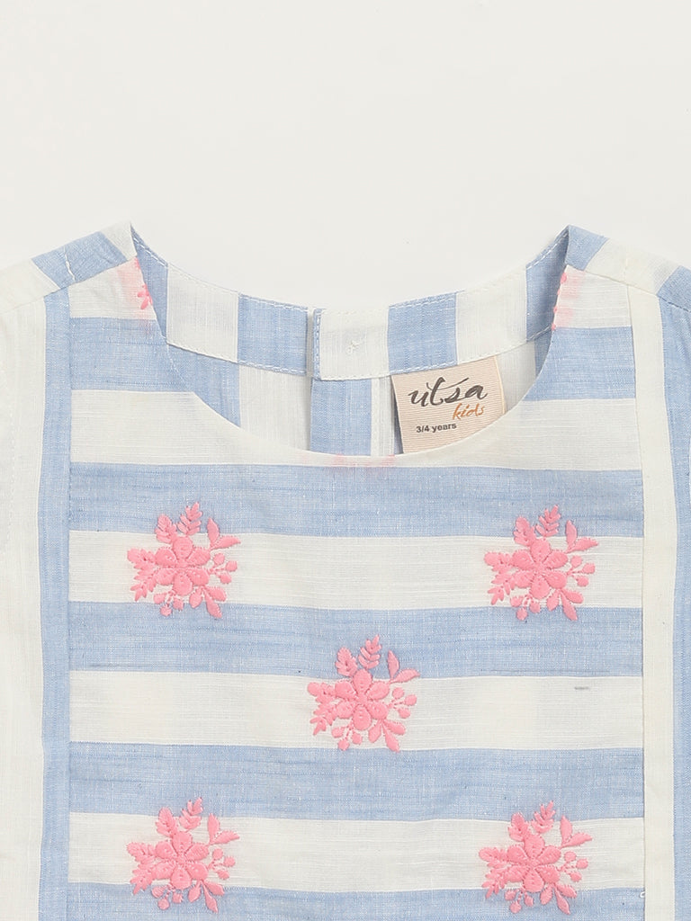 Westside Utsa Kids Floral Embroidered Blue Striped Cotton Top - (2 -8yrs) for Ethnic Wear Zoomed View
