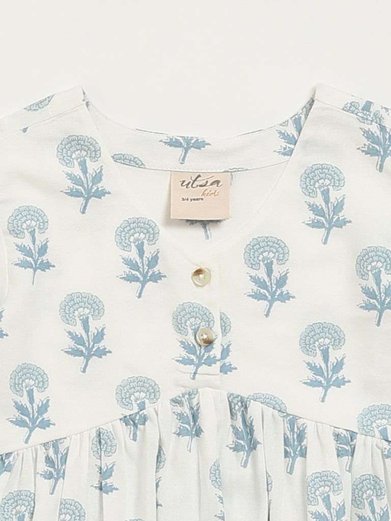 Westside Utsa Kids White Floral Printed Cotton-Blend A-Line Dress - (2 -8yrs) for Ethnic Wear Zoomed View