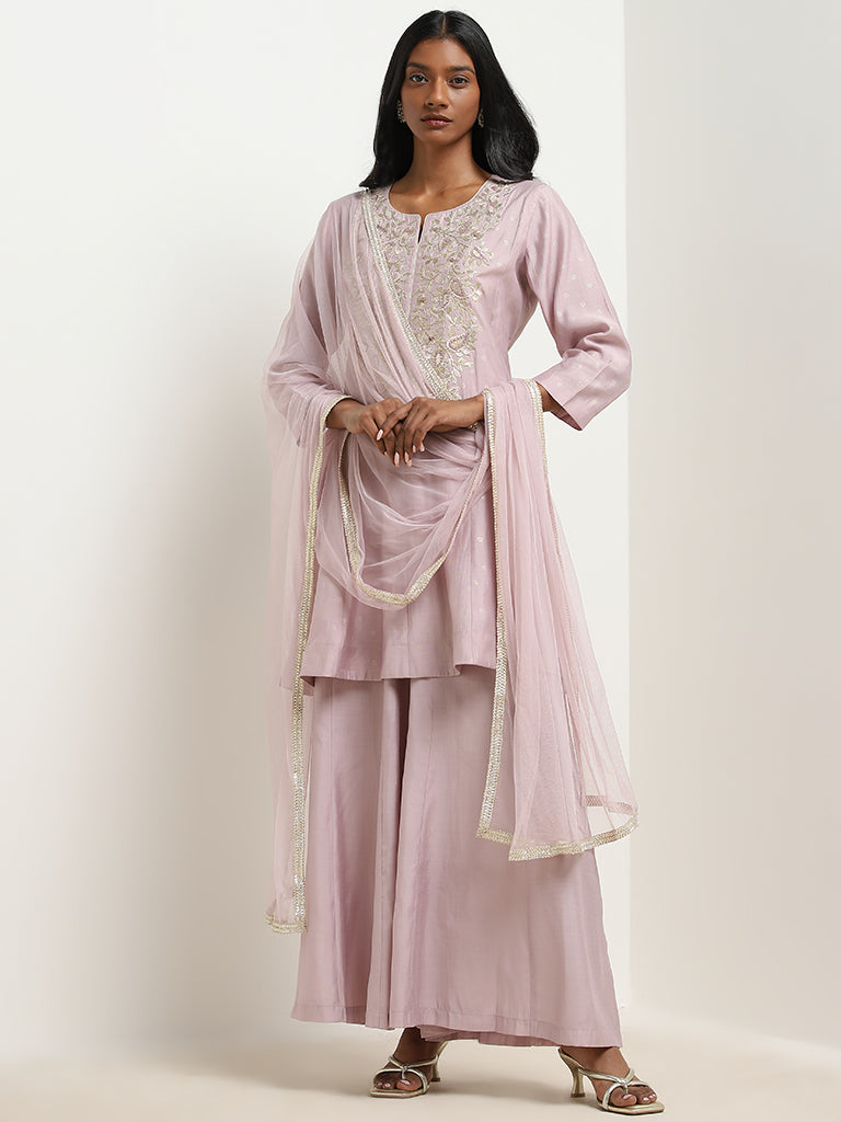 Buy Vark Lilac Embroidered A Line Kurti Palazzos Dupatta Set from Westside