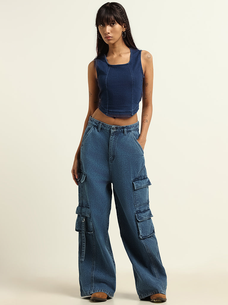 Buy Nuon Solid Black High-Waisted Cargo Jeans from Westside