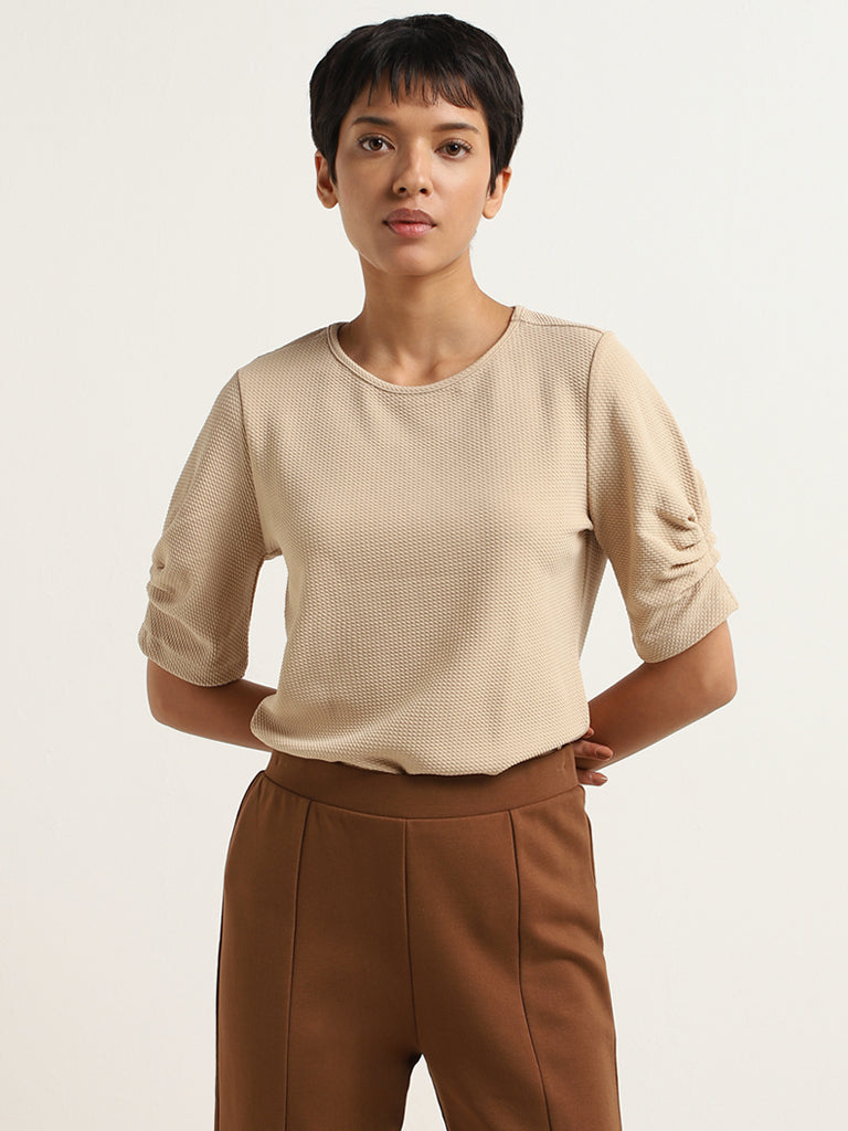 Buy Wardrobe Beige Self-Patterned Top from Westside