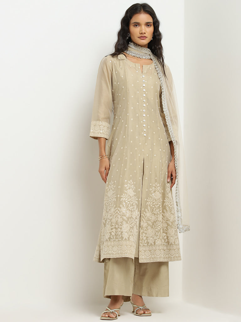 Buy Vark Beige Embroidered A Line Kurta Pants and Dupatta Set from Westside