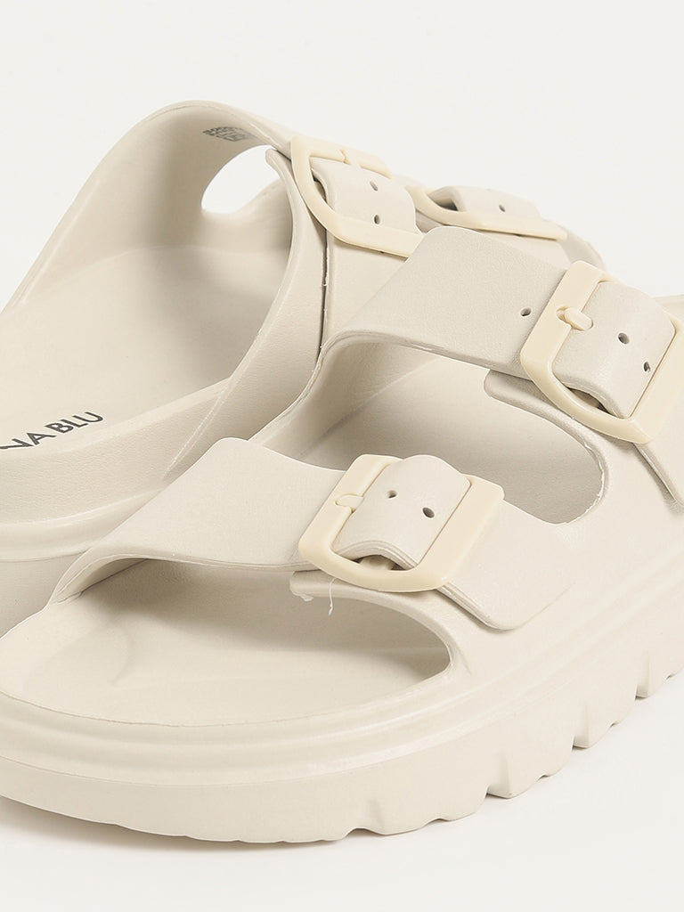 Westside LUNA BLU Women's Off-White Buckle-Strap Chunky Flip-Flops Zoomed View