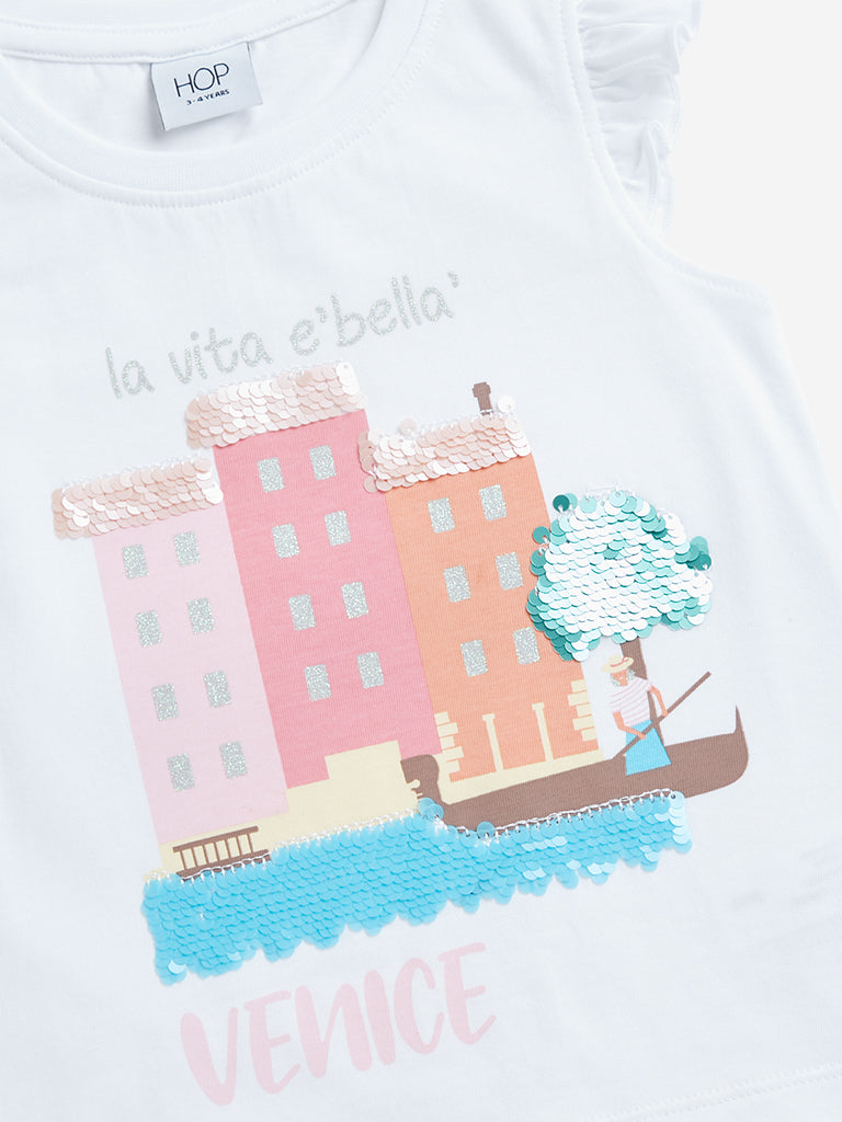Westside HOP Kids White Text Pattern Ruffle Sleeve Cotton Top for Casual Wear Zoomed View