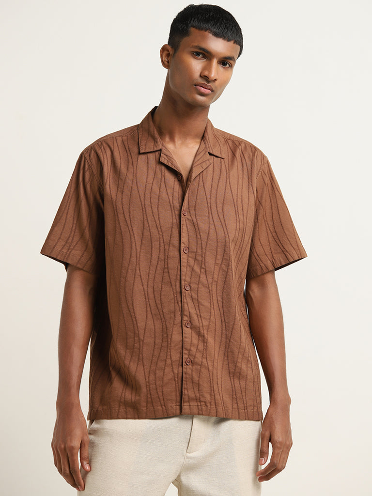 Buy ETA Dark Brown Wave Textured Relaxed Fit Cotton Shirt from Westside