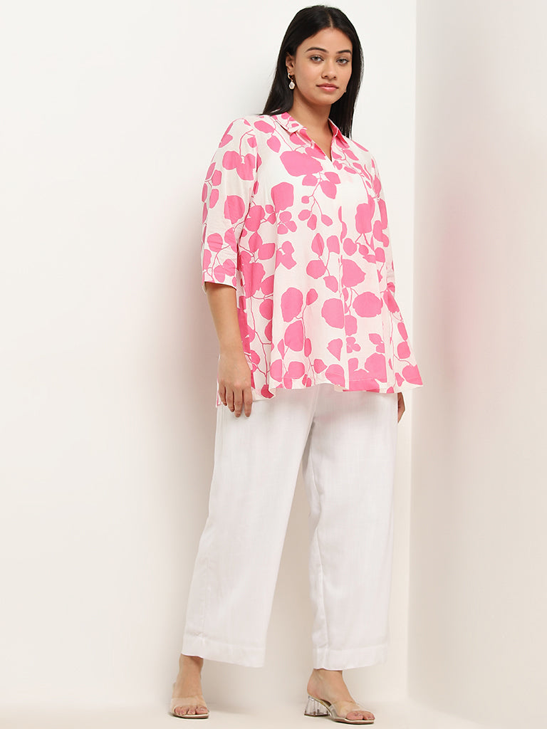 Buy Diza Pink Foliage Printed Straight Cotton Kurti from Westside