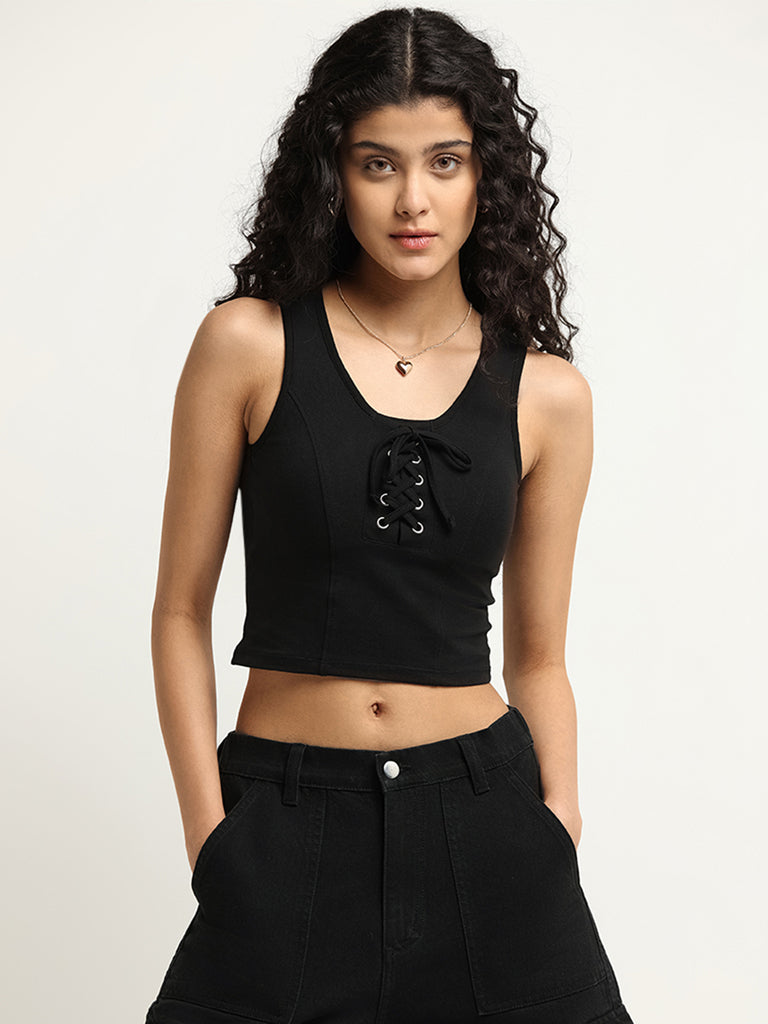 Buy Nuon Black Cotton Blend Lace Up Crop Top from Westside