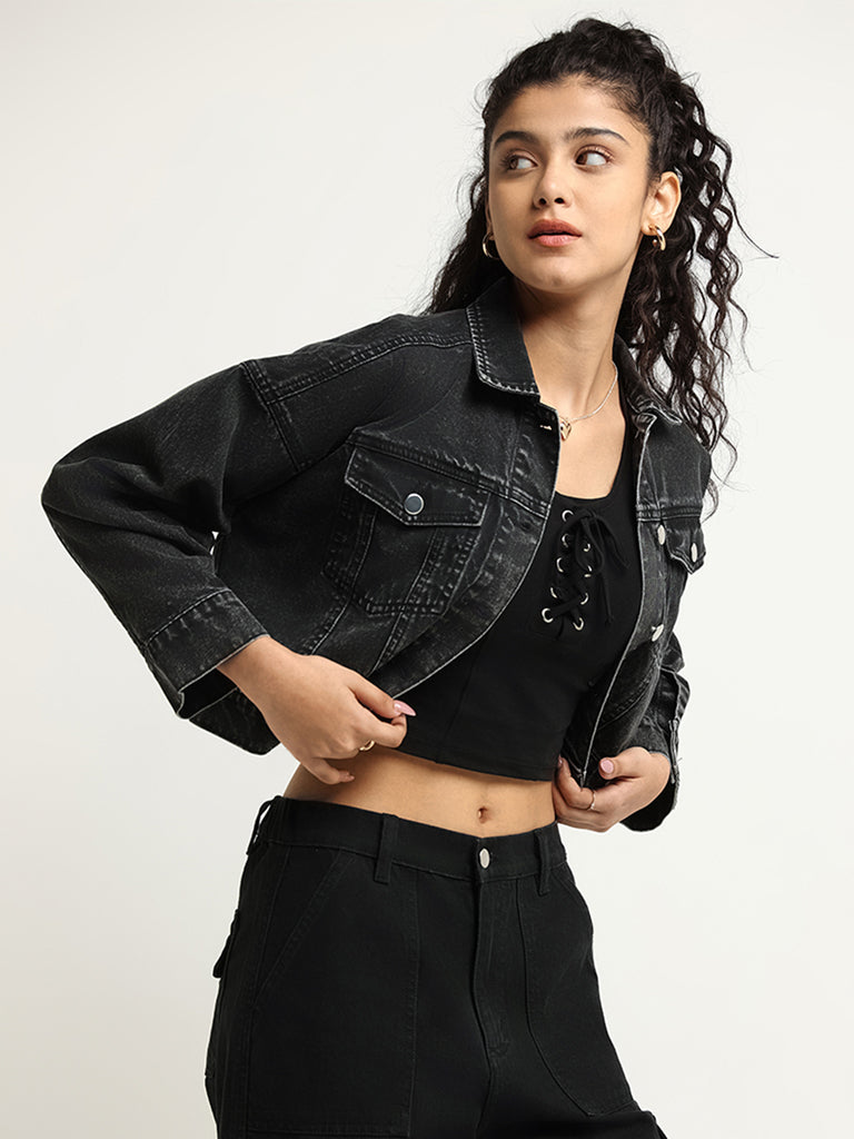 Cropped dark denim jacket hotsell