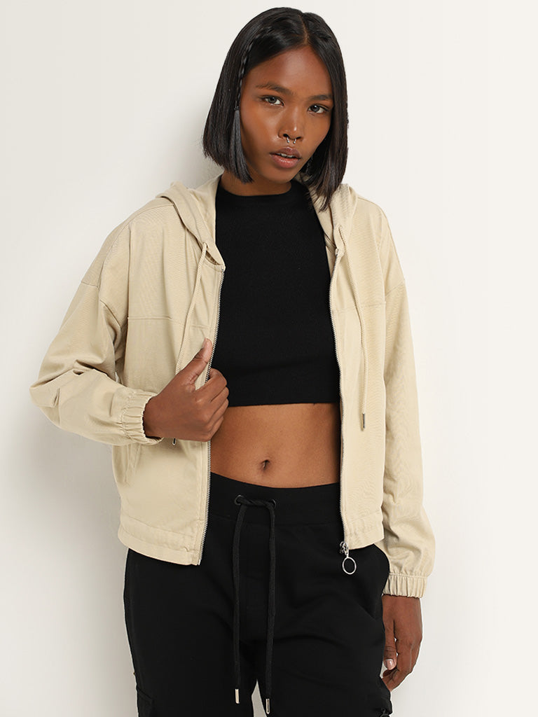 Buy Studiofit Beige Cotton Hooded Jacket from Westside