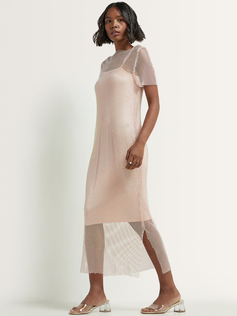 Buy Nuon Light Pink Mesh Embellished Straight Dress with Inner from Westside