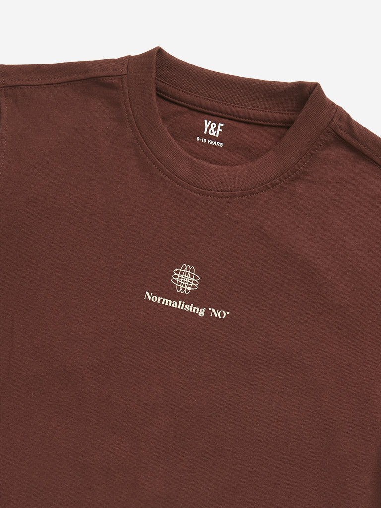 Westside Y&F Boy's Dark Brown Text Printed Cotton T-Shirt for Casual Wear Zoomed View