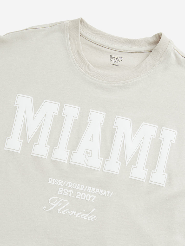 Westside Y&F Girl's Beige Text Design Cotton Crop T-Shirt for Casual Wear Zoomed View