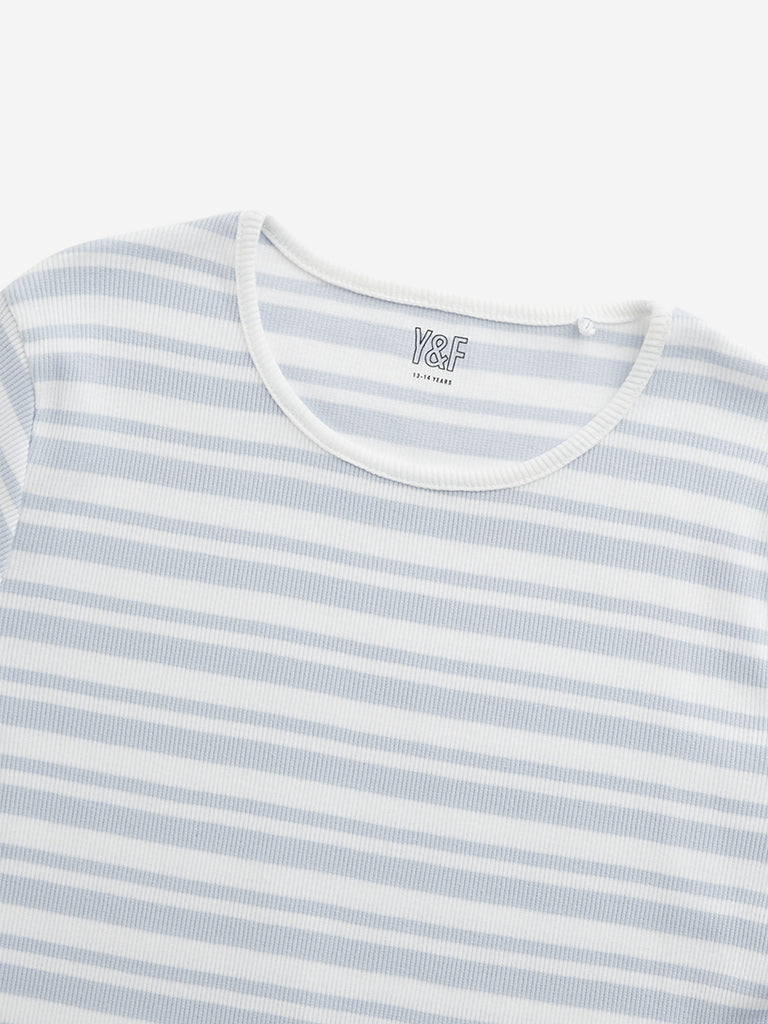 Westside Y&F Girl's Blue Stripe Printed Cotton T-Shirt for Casual Wear Zoomed View