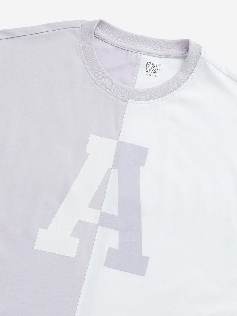 Westside Y&F Girl's Lilac and White Text Design Cotton Crop Top for Casual Wear Zoomed View