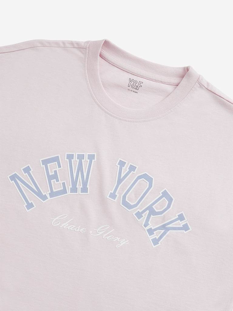 Westside Y&F Girl's Pink Text Design Cropped Cotton T-Shirt for Casual Wear Zoomed View