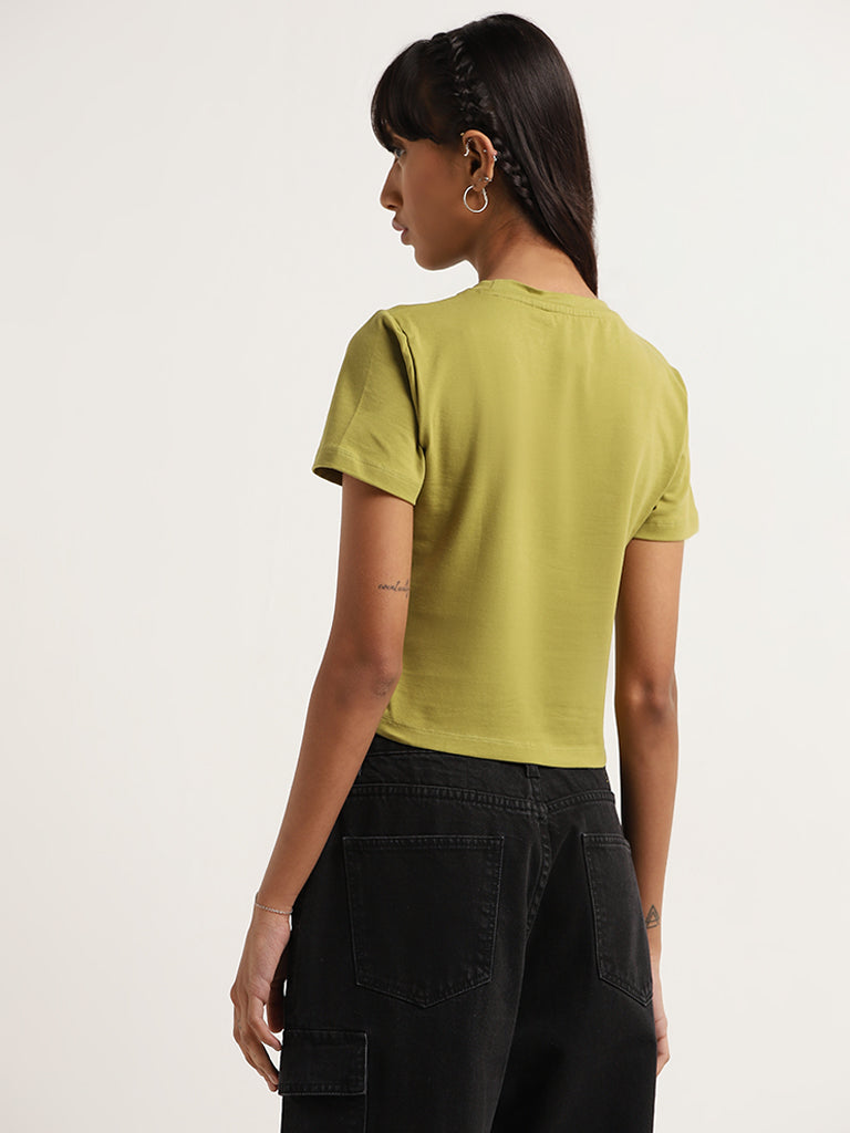 Nuon Solid Green Cotton-Blend Crop T-Shirt