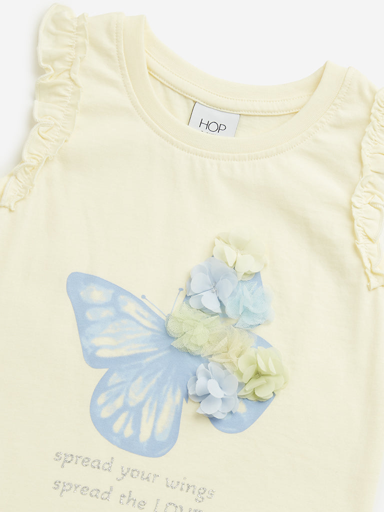 Westside HOP Kids Light Yellow Butterfly Pattern Cotton Top for Casual Wear Zoomed View