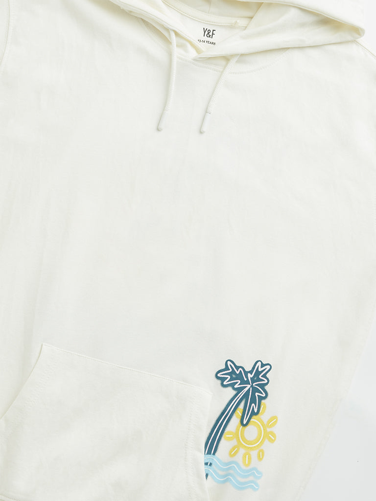 Westside Y&F Boy's Off-White Tropical Inspired Hooded Cotton T-Shirt for Casual Wear Zoomed View